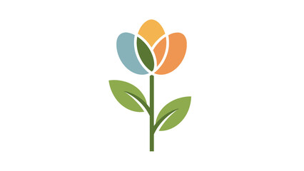 Simple Colorful Tulip Flower Icon with Green Leaves on Isolated White Background