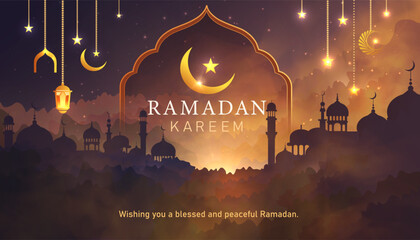 Ramadan Kareem vector greeting card with mosque skyline silhouettes, crescent moon and stars, hanging lanterns and sparkling night sky in warm golden sunset tones. © Valeriia