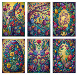 Vibrant Easter illustration set with decorative eggs, floral patterns and artistic rabbits in a folk art style. Perfect for greeting cards, posters, holiday prints, packaging, and festive branding.