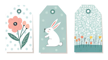 Set of three cute Easter tags with a rabbit and spring flowers in a matching illustration style, isolated on transparent background. Perfect for gift tags, packaging, stickers, DIY Easter projects.