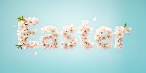 Word &ldquo;Easter&rdquo; formed by floating pastel white apricot blossoms against a turquoise sky, spring concept. Perfect for Easter greetings, seasonal banners, branding, posters and social media.