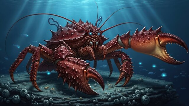 A large, spiky, red lobster with a menacing expression, with a sunken eye and a menacing mouth, with a blue and green background with light rays.