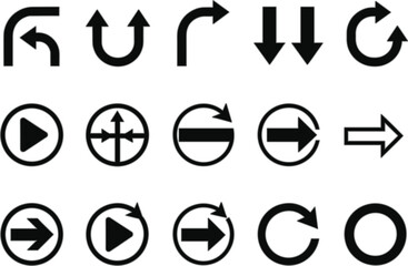 Arrow and refresh icon set with play buttons, rotate symbols and navigation directions, black UI controls flat vector illustration isolated