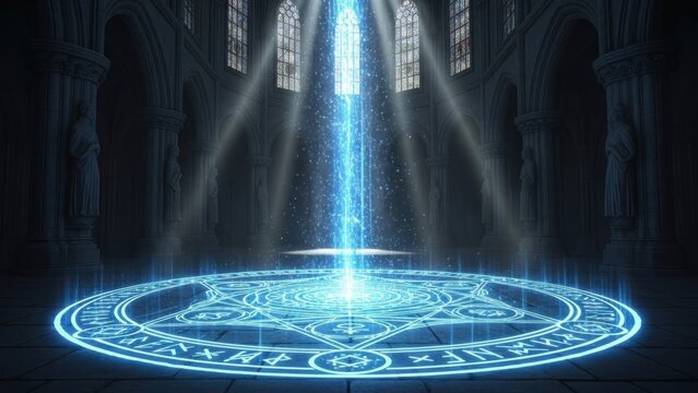 Mystical blue light shines on ancient pentagram in cathedral