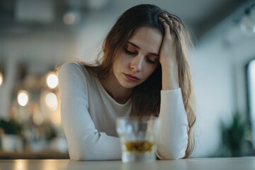 Young caucasian woman reflecting in a cafe with drink