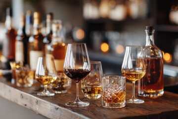 Assorted liquor glasses on wooden bar counter with bottles