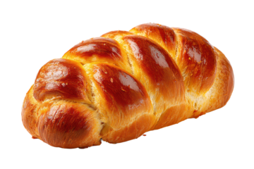 Golden brown braided pastry loaf with glossy baked crust, flaky layered folds, lightly caramelized ridges, and realistic crumb texture along the cut edges isolated on transparent background.