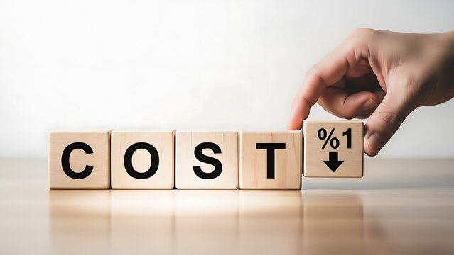 Hand arranging wooden blocks with cost percentage decrease symbol