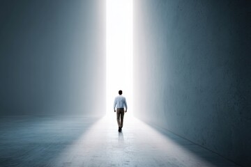 Solitary silhouette: male adult walking toward light in endless hallway