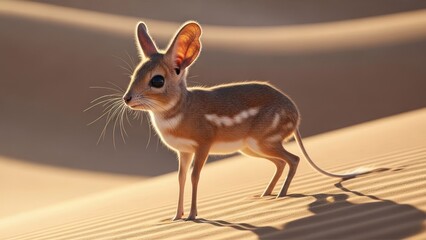 A small, brown, and white antelope standing on a sandy dune in the desert.