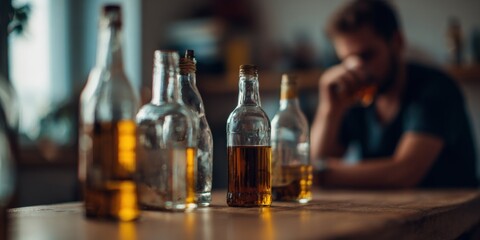 Adult caucasian male drinking alone with multiple bottles on table