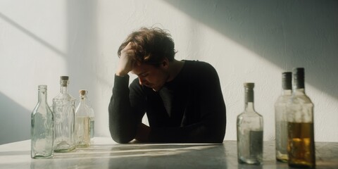 Young caucasian male sitting in sunlit room with empty bottles contemplating thoughts, shadows and light contrast