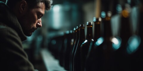 Pensive young caucasian male in brewery with bottles in dimly lit setting