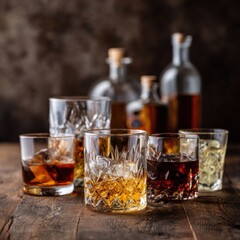 Fototapeta premium Assorted whiskey glasses with ice on rustic wooden table