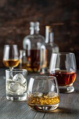 Assorted whiskey and liquor glasses with ice on wooden table