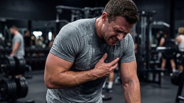 Heart attack in gym, chest pain. Muscular man clutching chest in severe pain, cardiac arrest, angina, stroke, workout injury, health emergency, bodybuilder fatigue, sick athlete, heart failure, ache.