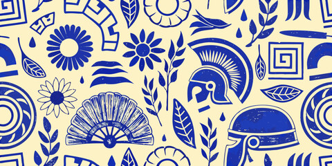 Ancient greek motifs and floral patterns in a seamless blue and white design © Hemlata