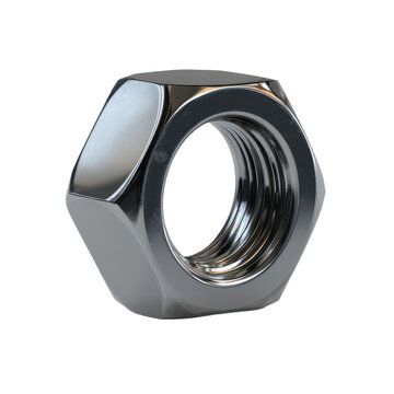 Single metallic gray hex nut fastener with visible inner threading, sharp chamfered edges, and reflective highlights across the steel surface isolated on transparent background.