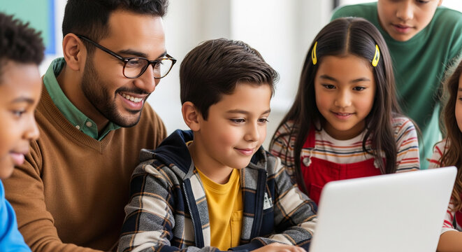 A diverse group of elementary-aged children, alongside a male teacher, are engrossed in a laptop screen