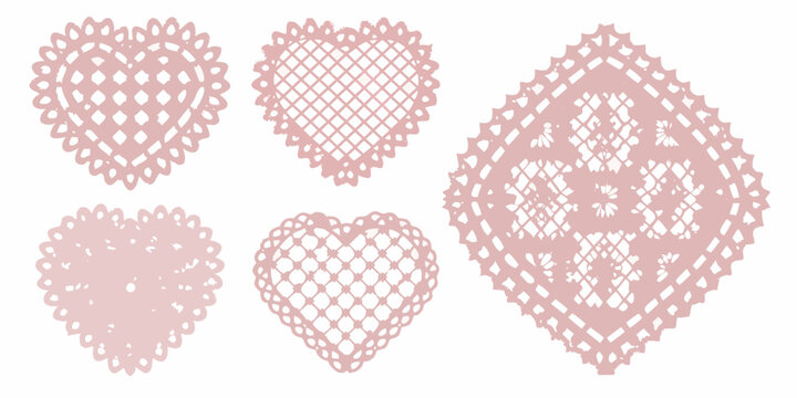 Delicate pink lace hearts and doily patterns displayed on a white background