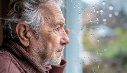 Elderly man with grey hair and beard looking thoughtfully out a rainy window, reflecting on a gloomy day.