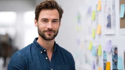Obraz premium Portrait of a handsome man standing in front of a white wall with sticky notes. In the background is an office or creative studio, which exudes minimalism and sophistication. 