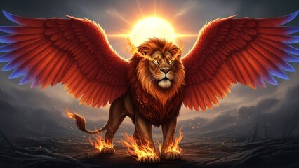 A majestic lion with wings standing on a rocky terrain with a fiery background.