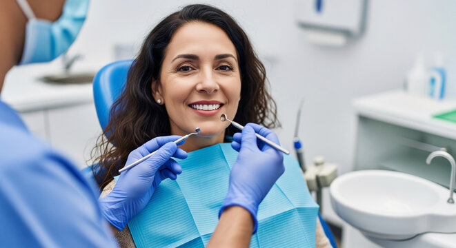 A middle-aged woman, appearing to be of Hispanic ethnicity, is the primary subject, centered and facing the viewer in a dental chair
