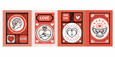 Four vintage style postage stamps depicting romantic themes and heart motifs