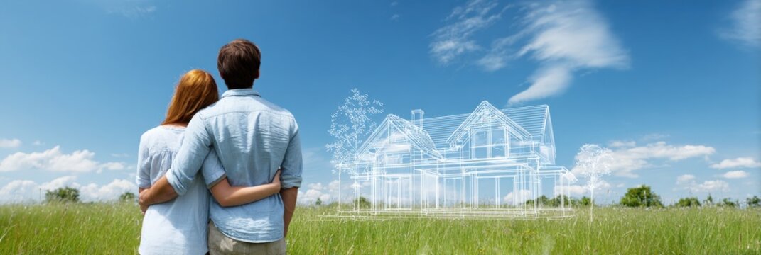 Caucasian couple envisions dream home blueprint in open field under clear blue sky