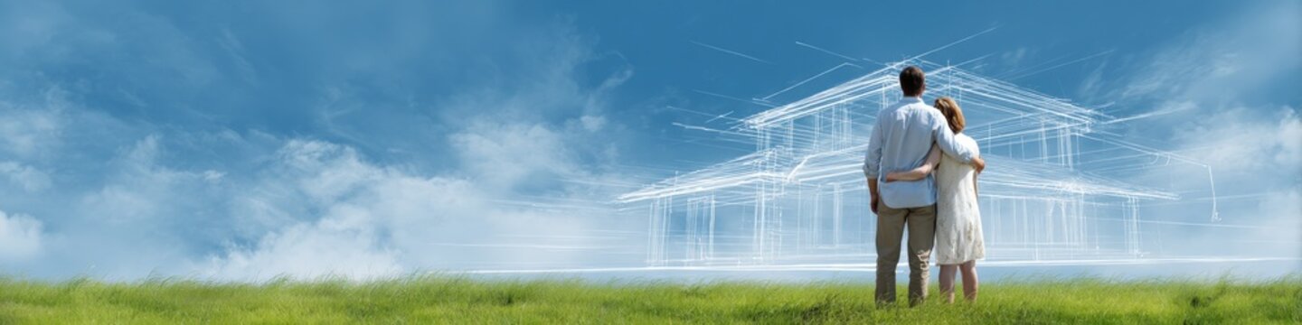 Young caucasian couple imagining dream home construction on sunny day