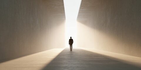 Obraz premium Silhouette of person walking towards light in narrow corridor