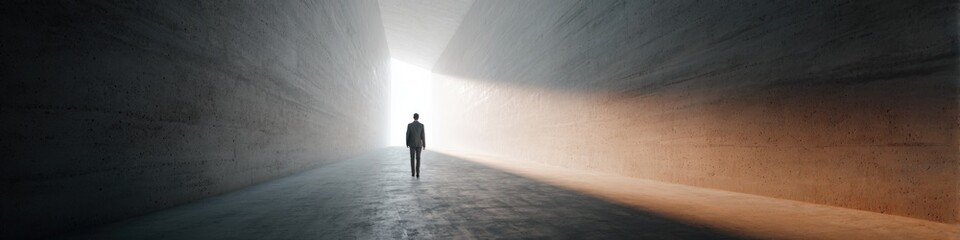 Obraz premium Lone figure walking through dramatic concrete passageway with bright light