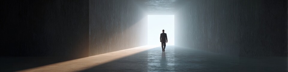 Obraz premium Silhouette of person walking towards light in dark tunnel