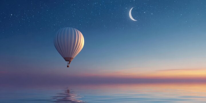 Hot air balloon at dusk over tranquil ocean under starry sky and crescent moon - Powered by Adobe