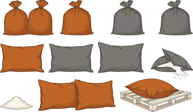 Sand bags and soil sacks illustration set with filled pillows construction materials vector design