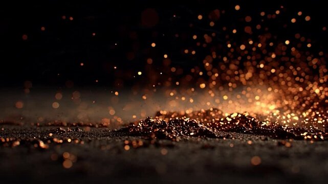Close-up of a dynamic, sparkling cascade of fiery embers glowing against a dark background, captured in stunning 4K resolution