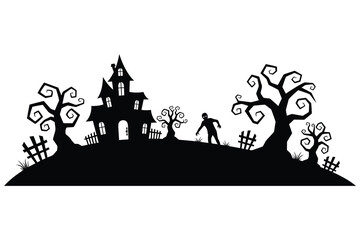 Fototapeta premium Halloween haunted house with zombie and trees on hill spooky scenery with fence and grass
