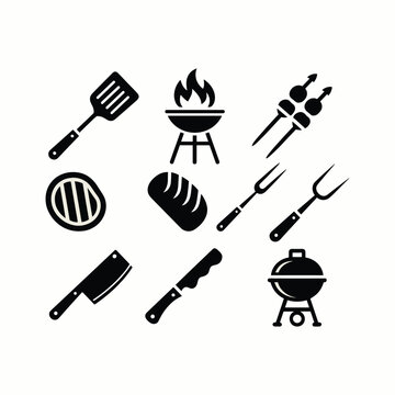 Black and white barbecue including grill utensils and food cooking accessories vector illustration isolated on white background.