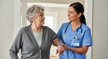 An elderly Caucasian woman, approximately in her late 70s or early 80s, is assisted by a younger Caucasian woman