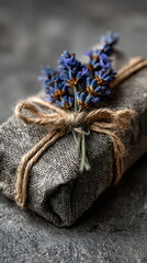 Fototapeta premium Gift wrapped in cloth with lavender on top placed on a dark surface