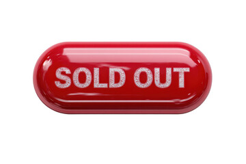 Red pill shaped SOLD OUT button with white uppercase text, glossy UI finish, rounded corners, and subtle depth shadow with crisp clean edges isolated on transparent background.