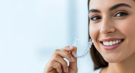 투명 교정기로 밝게 미소짓는 젊은 여성