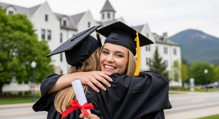 Two young women are embracing, dressed in graduation gowns and caps