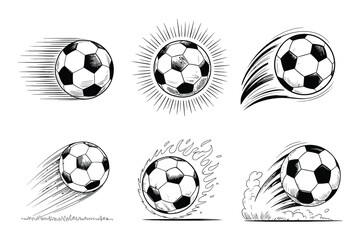 Dynamic grunge soccer balls, sketch-style illustration with motion effects