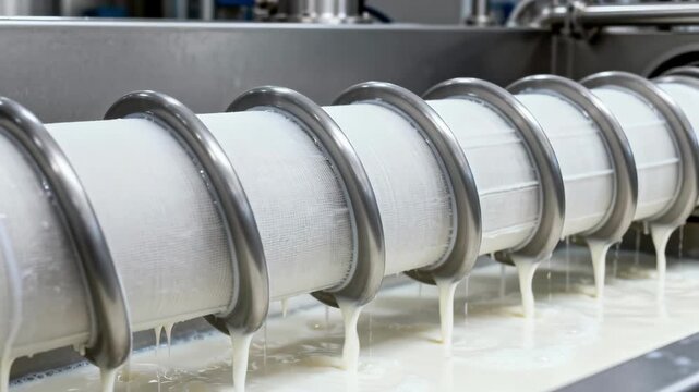 Medium shot focusing on spiral microfiltration modules rotating steadily as milk passes through highlighting precision separation of proteins in dairy manufacturing.