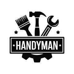 Black handyman with tools and text on gear hammer wrench and paintbrush  vector illustration isolated on white background.