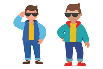 Two cartoon boys wearing sunglasses and colorful tracksuits standing on white background