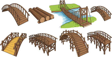 Wooden bridge constructions illustration set with footbridges logs river crossing architecture vector design