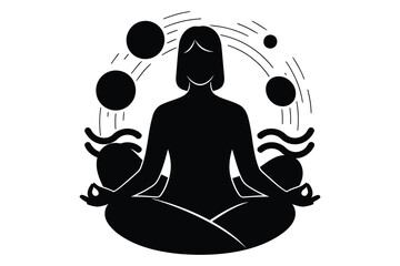 woman sitting in lotus position meditating with hands in mudra and surrounded by abstract shapes